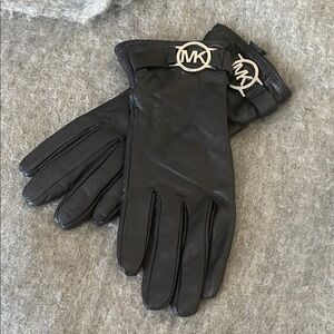 Michael Kors Black Leather Gloves with Silver Logo Accents S